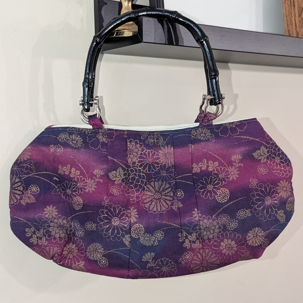 Y2K Floral Asian Inspired Handbag Purple Floral Satin Bamboo Handles  Botanical